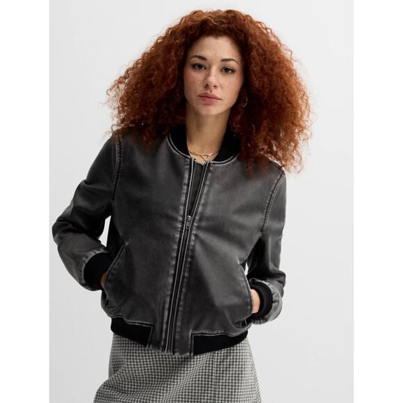 SO Faux Leather Bomber Jacket L Black Zip Front Vegan Moto Streetwear NWT edgy - Picture 1 of 10